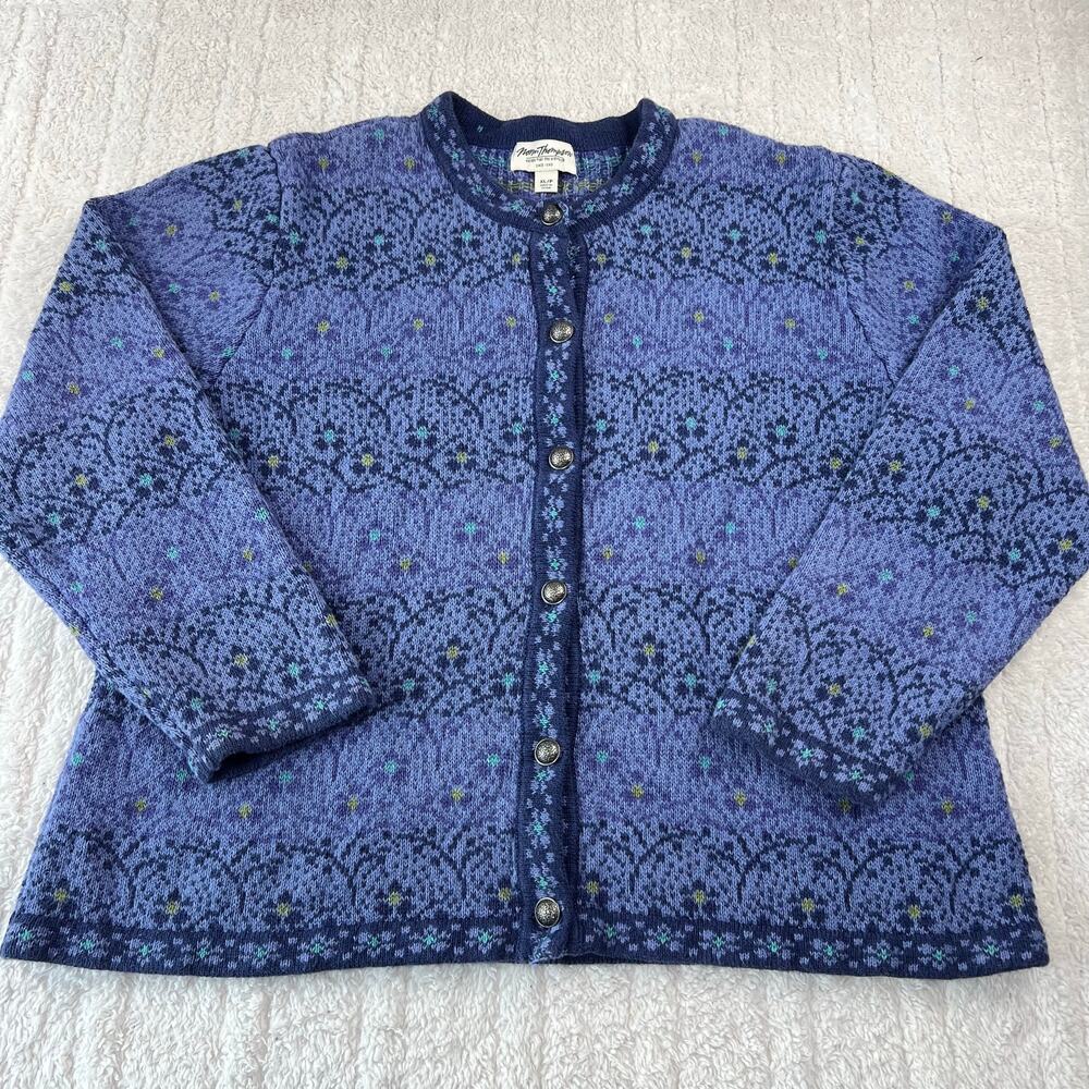 Norm Thompson cardigan sweater purple Fair Isle knit pattern women’s size XL